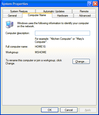 Figure 1: The workgroup name in Windows XP