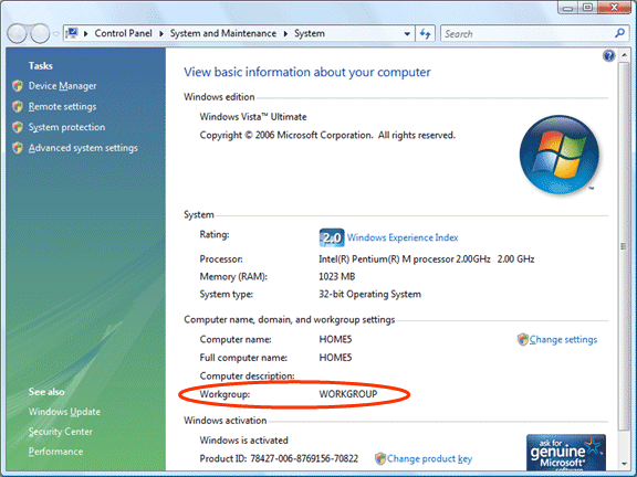 Figure 2: The workgroup name in Windows Vista