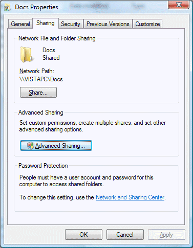 Figure 6: An example of the Sharing tab for the properties of a folder