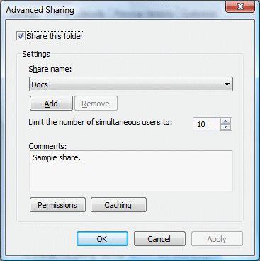 Figure 7: An example of the Advanced Sharing dialog box