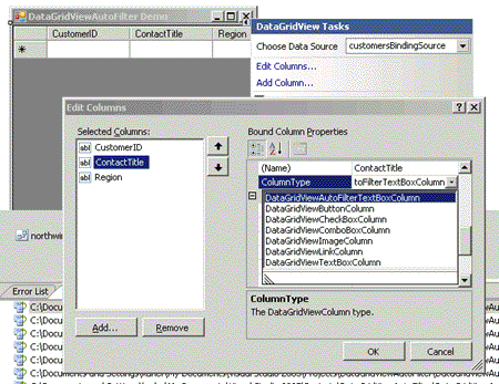 Fig 2. The Edit Columns dialog box with the ColumnType property set to DataGridViewAutoFilterTextBoxColumn.